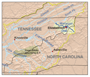 Map of East Tennessee and Western North Carolina with Doe River pictured.