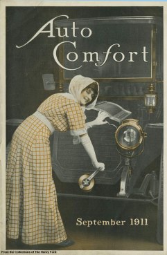 In this 1911 ad for Hartford Suspension company, a well-dressed woman smiles as she cranks a car engine.